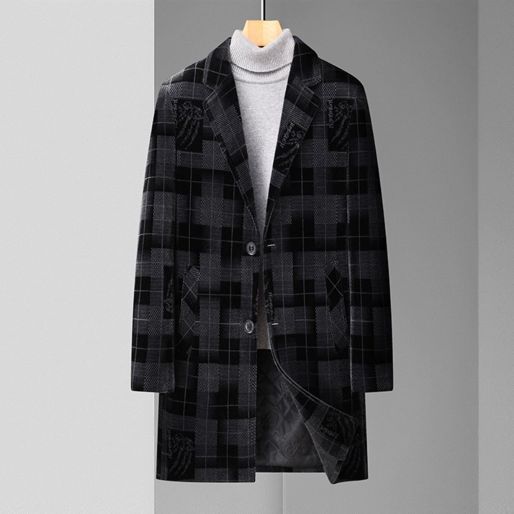 Costume Mi-long Pour Hommes Manteau Mince À Carreaux En Velours Doré Automne Et Hiver Tendance Épaississement Décontracté