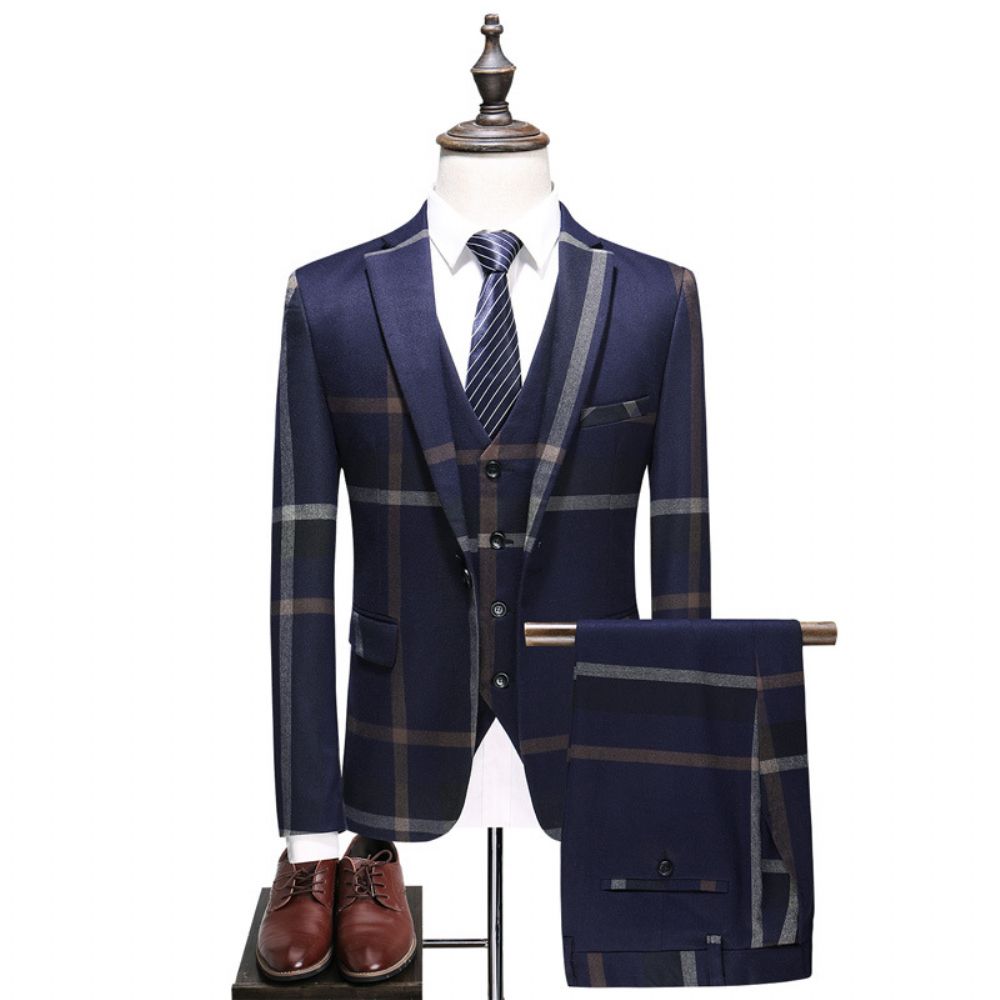 Costume Homme Décontracté Trois Pièces Slim Fit Grande Taille Plaid Groom Dress Suit