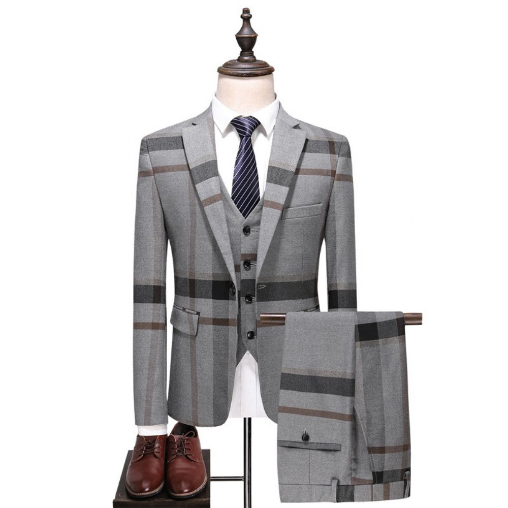 Costume Homme Décontracté Trois Pièces Slim Fit Grande Taille Plaid Groom Dress Suit