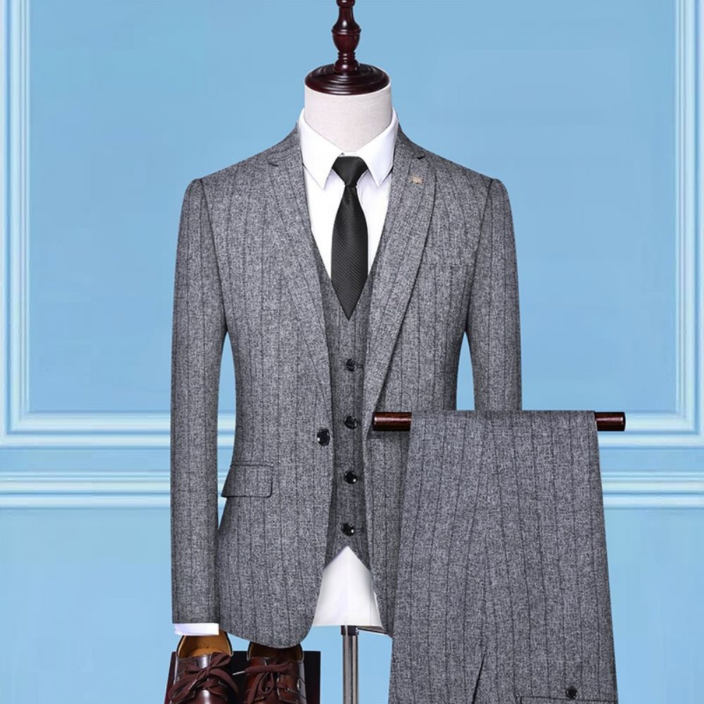 Slim Affaires Tempérament Rayé Costume À Un Bouton Mâle Marié Mariage Trois Pièces