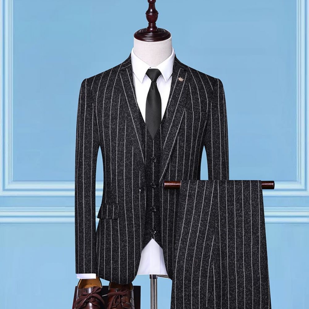 Slim Affaires Tempérament Rayé Costume À Un Bouton Mâle Marié Mariage Trois Pièces