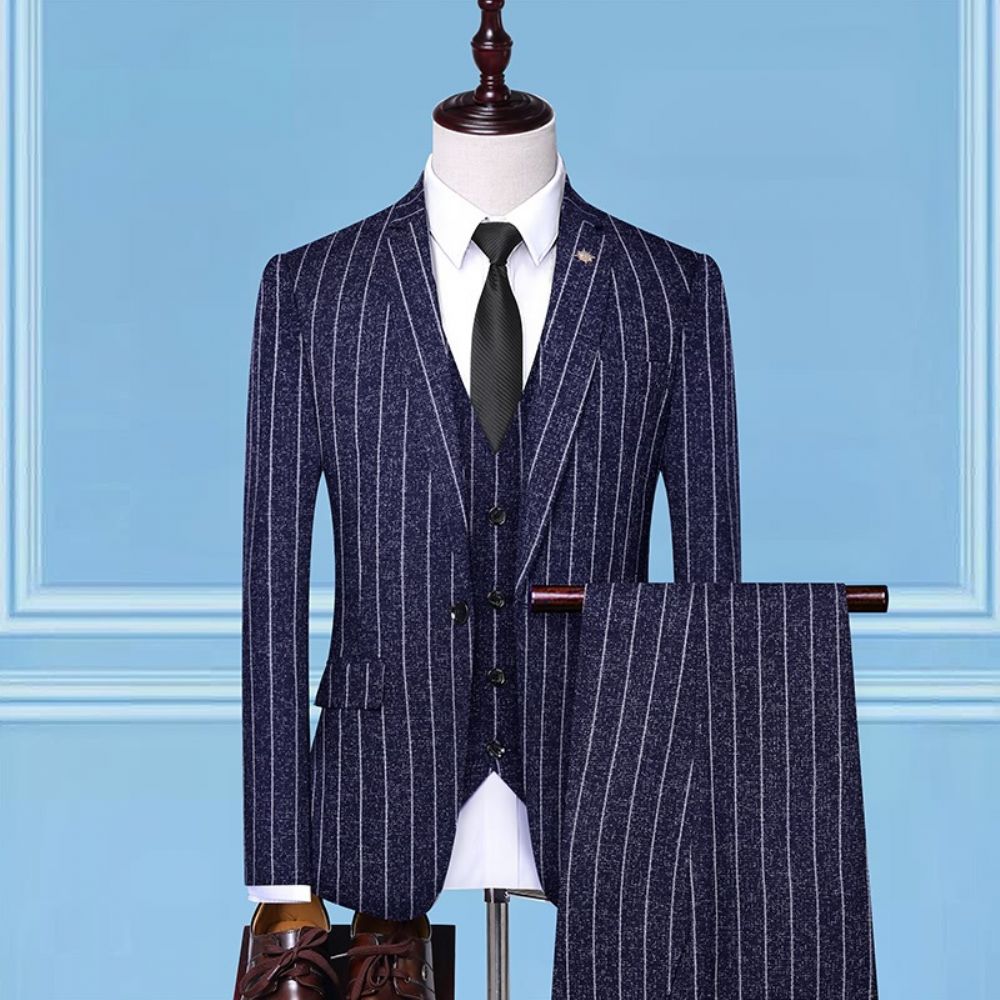 Slim Affaires Tempérament Rayé Costume À Un Bouton Mâle Marié Mariage Trois Pièces