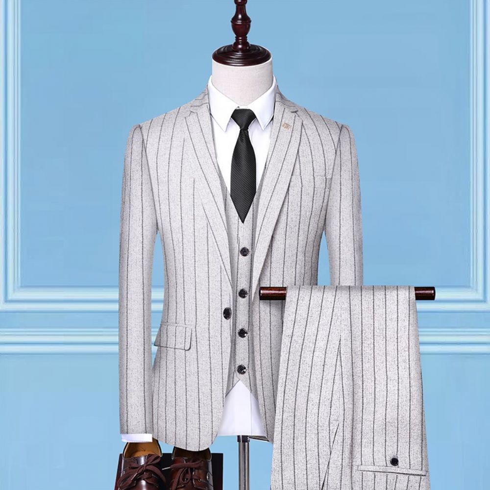 Slim Affaires Tempérament Rayé Costume À Un Bouton Mâle Marié Mariage Trois Pièces