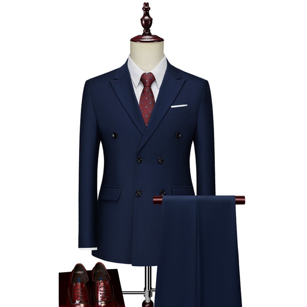 Slim-fit Couleur Unie Costume À Double Boutonnage Business Casual Deux Pièces Hommes