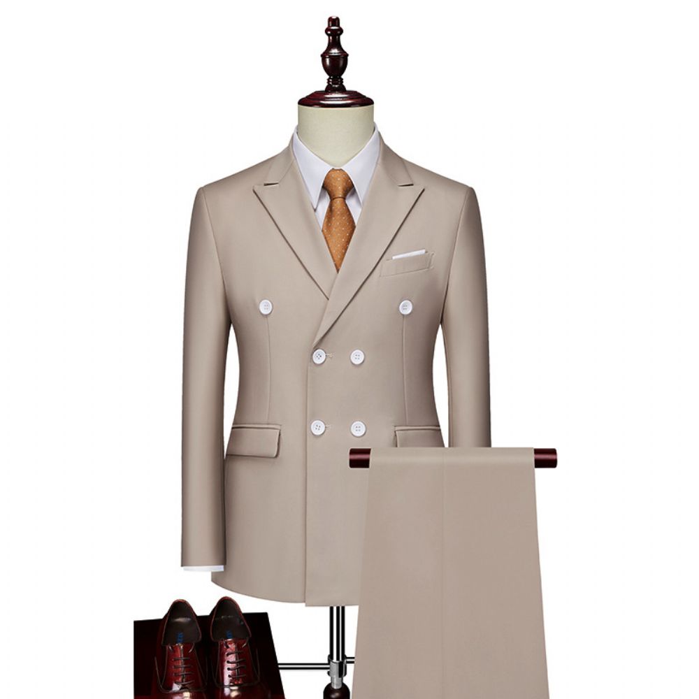 Slim-fit Couleur Unie Costume À Double Boutonnage Business Casual Deux Pièces Hommes