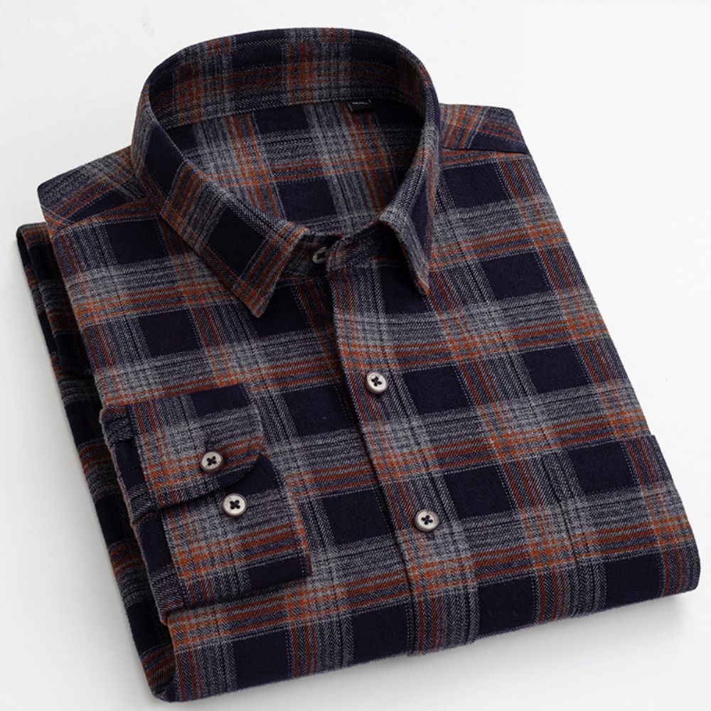 Chemises Pour Hommes Printemps Et Automne En Coton À Manches Longues Mode Carreaux Minces D'âge Moyen Âgées